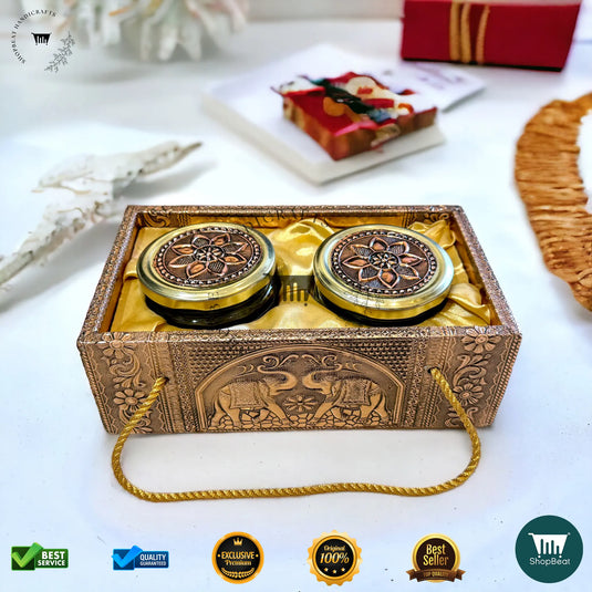 Copper Oxidised Decorative Dry Fruit Tray – Elephant Design with 2 Glass Jars | ShopBeat