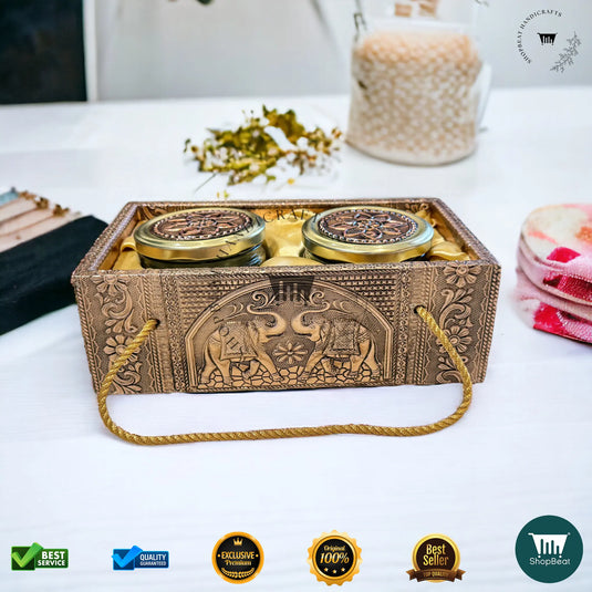 Copper Oxidised Decorative Dry Fruit Tray – Elephant Design with 2 Glass Jars | ShopBeat