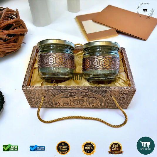 Copper Oxidised Decorative Dry Fruit Tray – Elephant Design with 2 Glass Jars | ShopBeat