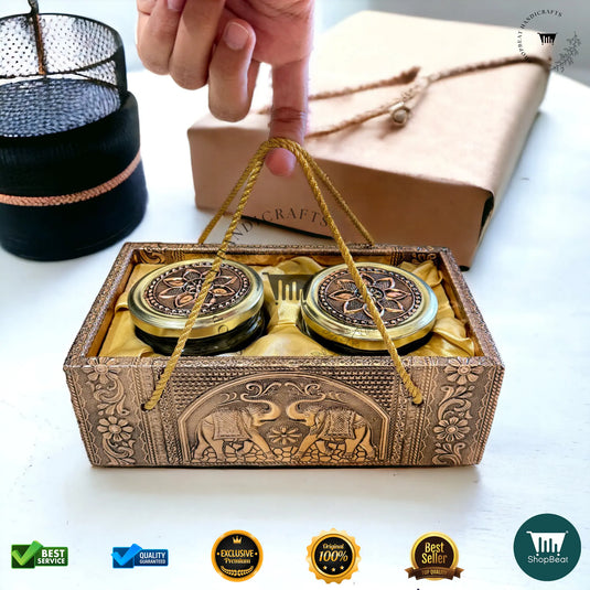 Copper Oxidised Decorative Dry Fruit Tray – Elephant Design with 2 Glass Jars | ShopBeat