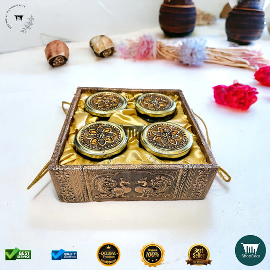 Copper Oxidised Dry Fruit Tray – Elephant Design with 4 Glass Jars