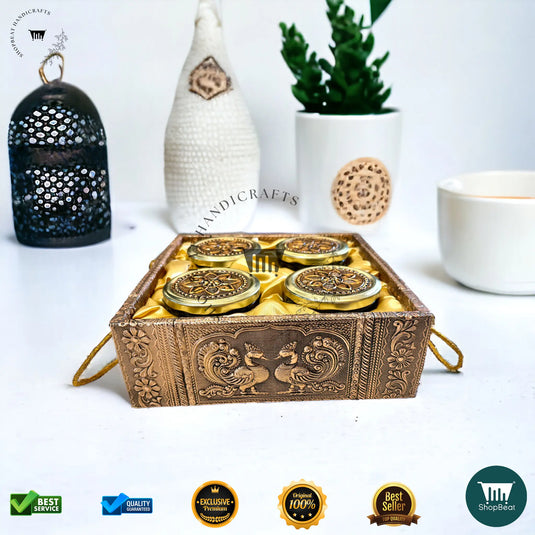 Copper Oxidised Dry Fruit Tray – Elephant Design with 4 Glass Jars