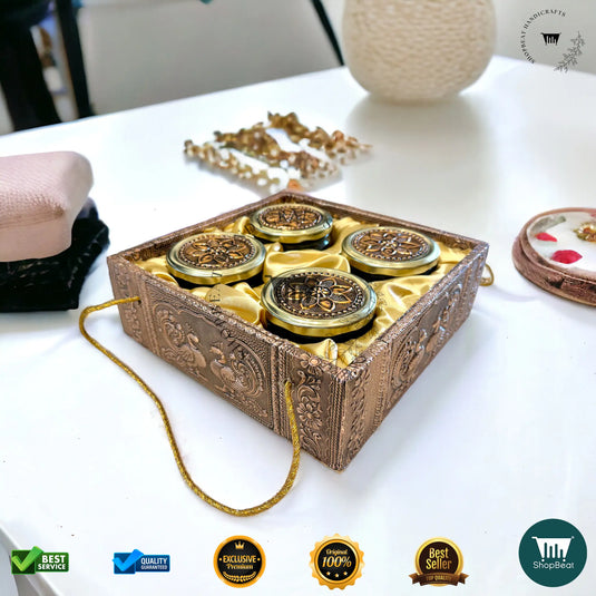 Copper Oxidised Dry Fruit Tray – Elephant Design with 4 Glass Jars