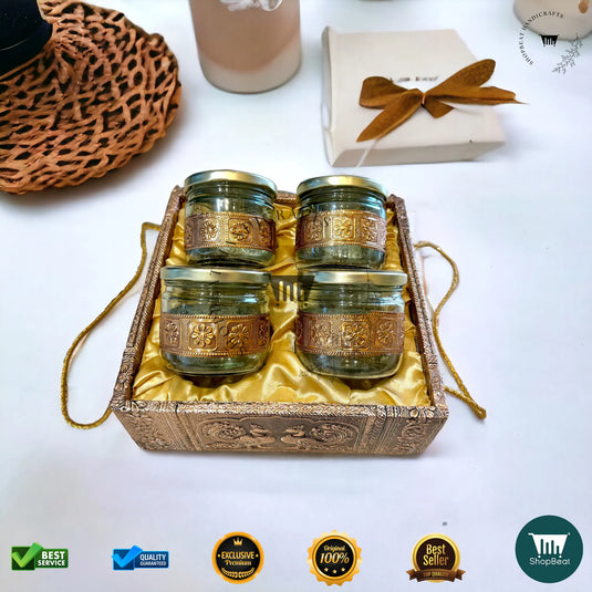 Copper Oxidised Dry Fruit Tray – Elephant Design with 4 Glass Jars