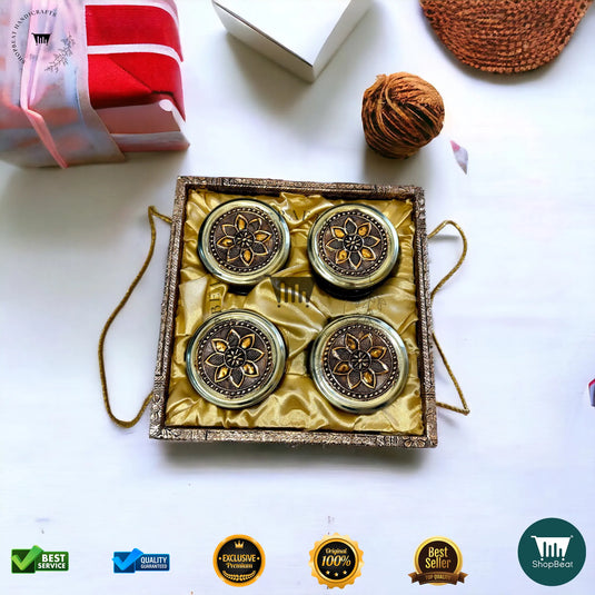Copper Oxidised Dry Fruit Tray – Elephant Design with 4 Glass Jars