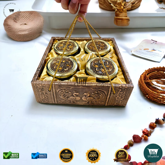 Copper Oxidised Dry Fruit Tray – Elephant Design with 4 Glass Jars