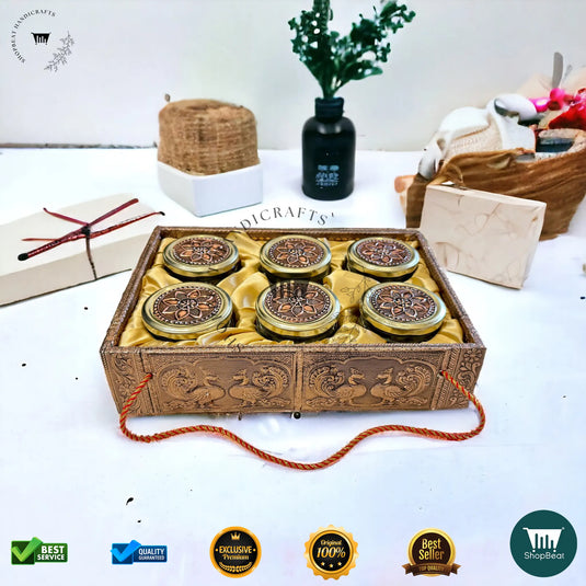 Copper Oxidised Dry Fruit Tray – Elephant Design with 6 Glass Jars