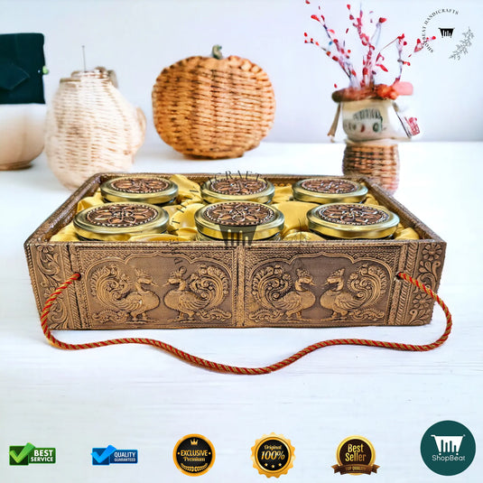 Copper Oxidised Dry Fruit Tray – Elephant Design with 6 Glass Jars