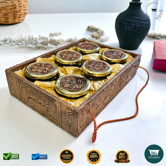 Copper Oxidised Dry Fruit Tray – Elephant Design with 6 Glass Jars