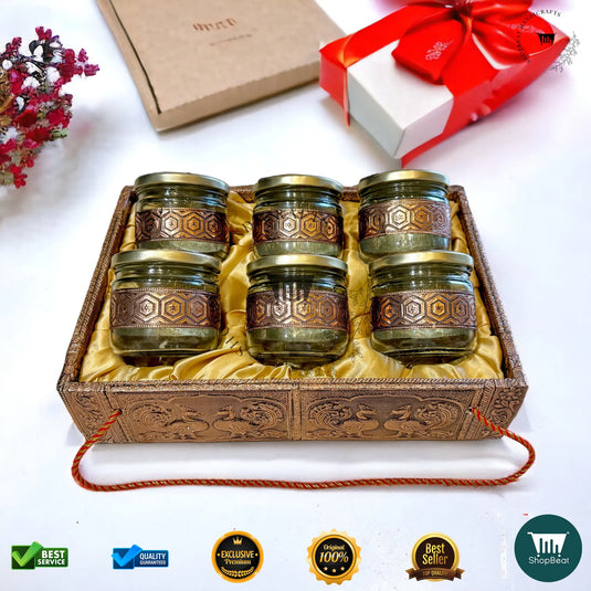 Copper Oxidised Dry Fruit Tray – Elephant Design with 6 Glass Jars