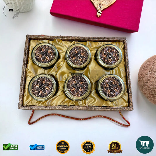 Copper Oxidised Dry Fruit Tray – Elephant Design with 6 Glass Jars
