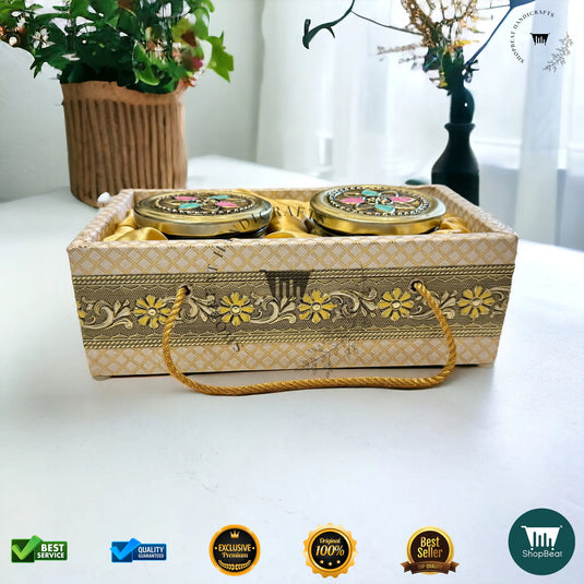 Golden Oxidised Dry Fruit Tray – Meena Art Design with 2 Glass Jars