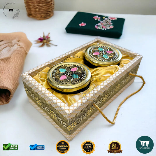 Golden Oxidised Dry Fruit Tray – Meena Art Design with 2 Glass Jars