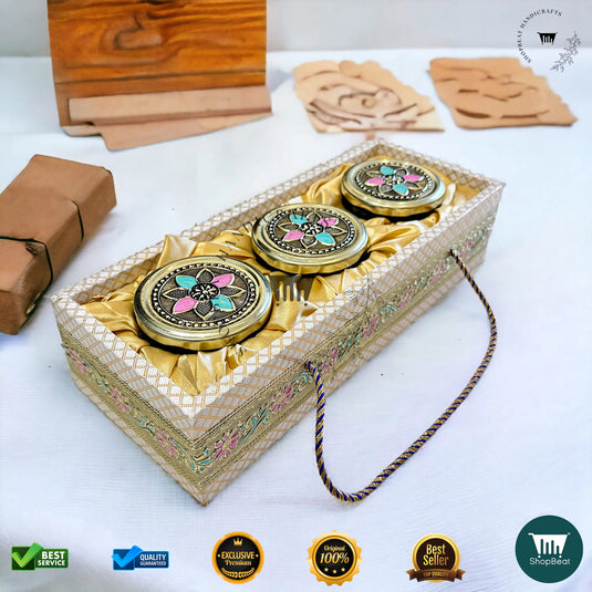 Golden Oxidised Dry Fruit Tray – Meena Art Design with 3 Glass Jars