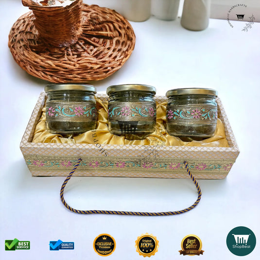 Golden Oxidised Dry Fruit Tray – Meena Art Design with 3 Glass Jars