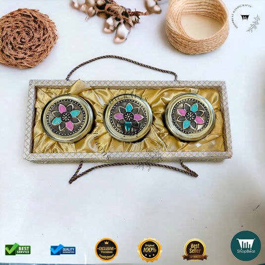 Golden Oxidised Dry Fruit Tray – Meena Art Design with 3 Glass Jars