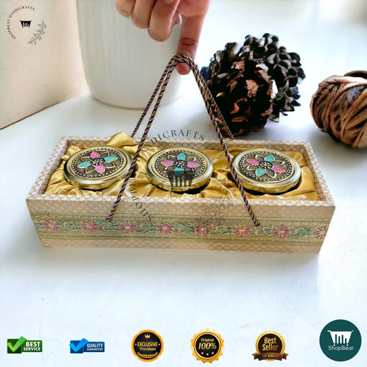 Golden Oxidised Dry Fruit Tray – Meena Art Design with 3 Glass Jars