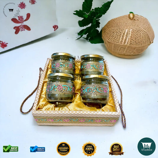 Golden Oxidised Dry Fruit Tray – Meena Art Design with 4 Glass Jars