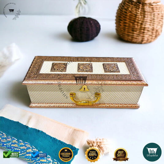 Copper Oxidised Dry Fruit Box – White Rexine with 3 Glass Jars