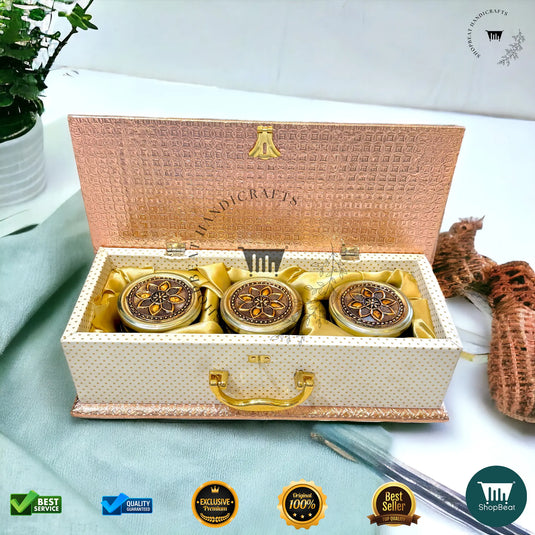 Copper Oxidised Dry Fruit Box – White Rexine with 3 Glass Jars