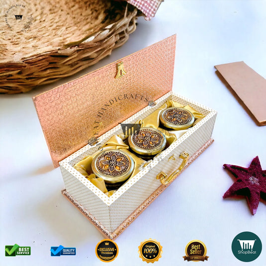Copper Oxidised Dry Fruit Box – White Rexine with 3 Glass Jars