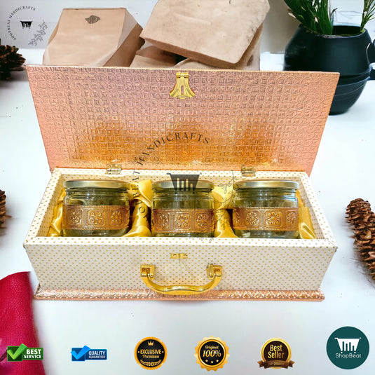 Copper Oxidised Dry Fruit Box – White Rexine with 3 Glass Jars