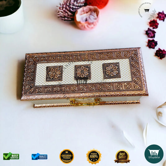 Copper Oxidised Dry Fruit Box – White Rexine with 3 Glass Jars