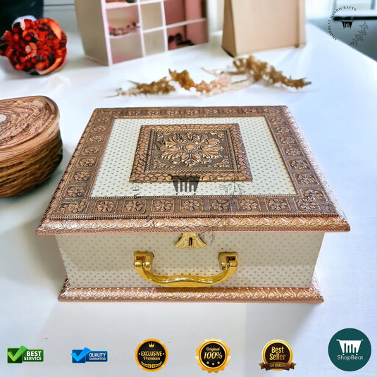 Copper Oxidised Dry Fruit Box – White Rexine with 4 Glass Jars