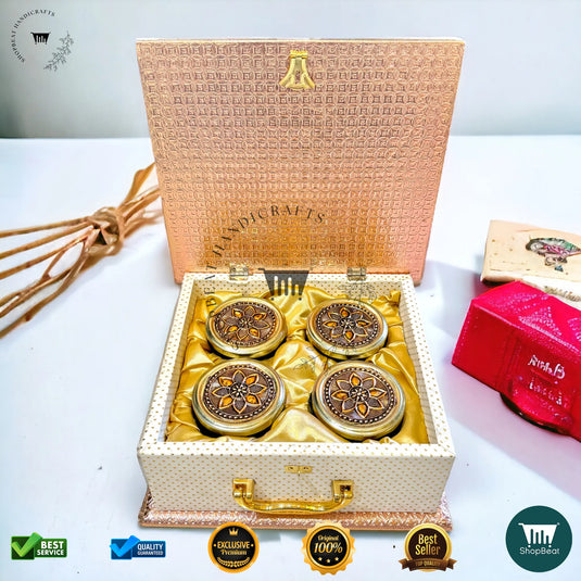 Copper Oxidised Dry Fruit Box – White Rexine with 4 Glass Jars