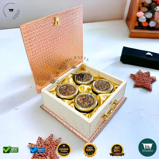 Copper Oxidised Dry Fruit Box – White Rexine with 4 Glass Jars