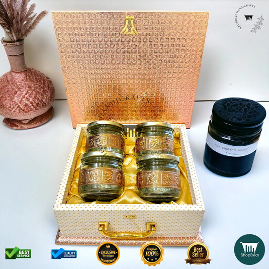 Copper Oxidised Dry Fruit Box – White Rexine with 4 Glass Jars