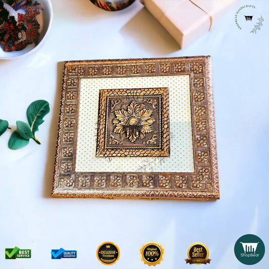 Copper Oxidised Dry Fruit Box – White Rexine with 4 Glass Jars