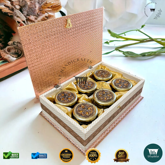 Copper Oxidised Dry Fruit Box – White Rexine with 6 Glass Jars