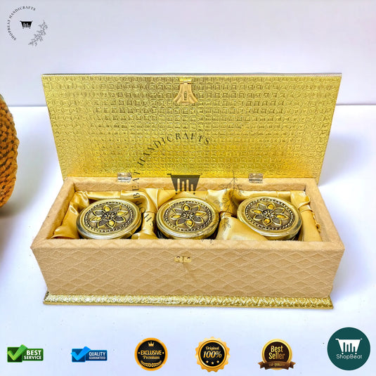 Golden Oxidised Dry Fruit Box – Velvet Finish with 3 Glass Jars