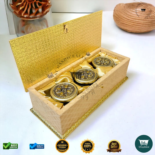 Golden Oxidised Dry Fruit Box – Velvet Finish with 3 Glass Jars