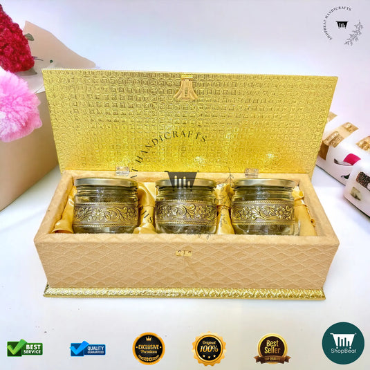 Golden Oxidised Dry Fruit Box – Velvet Finish with 3 Glass Jars