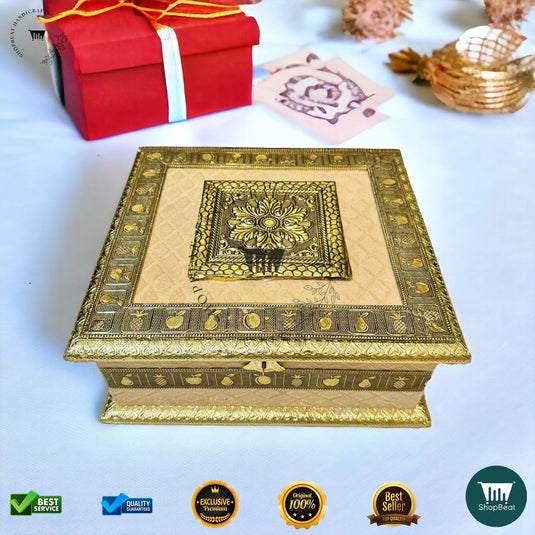 Golden Oxidised Dry Fruit Box – Velvet Finish with 4 Glass Jars