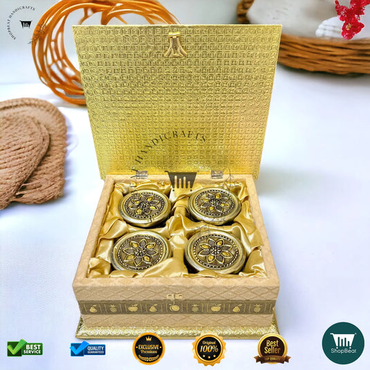 Golden Oxidised Dry Fruit Box – Velvet Finish with 4 Glass Jars