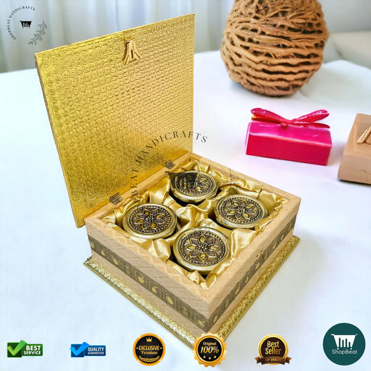 Golden Oxidised Dry Fruit Box – Velvet Finish with 4 Glass Jars