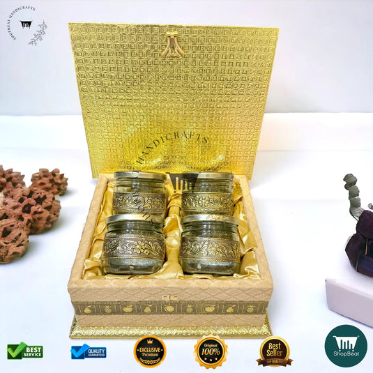Golden Oxidised Dry Fruit Box – Velvet Finish with 4 Glass Jars