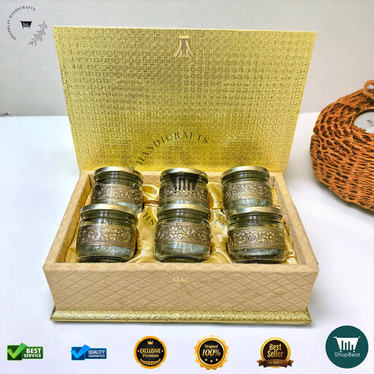 Golden Oxidised Dry Fruit Box – Velvet Finish with 6 Glass Jars