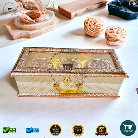 Copper Oxidised Dry Fruit Box – Acrylic Window with 3 Glass Jars