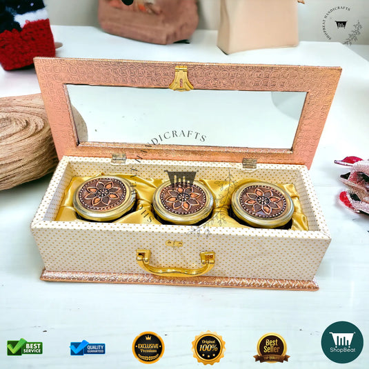 Copper Oxidised Dry Fruit Box – Acrylic Window with 3 Glass Jars