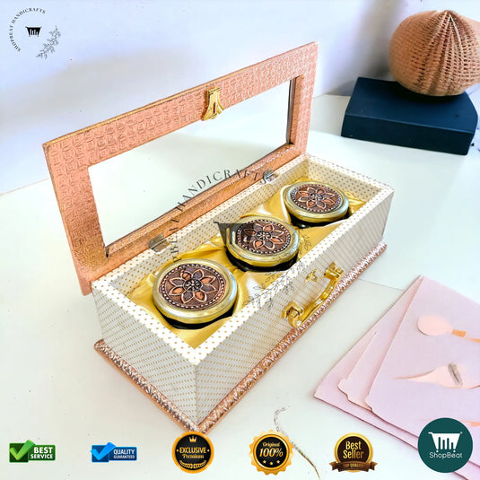 Copper Oxidised Dry Fruit Box – Acrylic Window with 3 Glass Jars