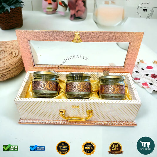 Copper Oxidised Dry Fruit Box – Acrylic Window with 3 Glass Jars