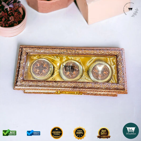 Copper Oxidised Dry Fruit Box – Acrylic Window with 3 Glass Jars