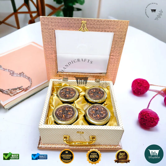 Copper Oxidised Dry Fruit Box – Acrylic Window with 4 Glass Jars