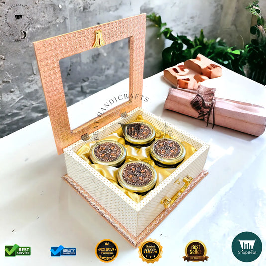 Copper Oxidised Dry Fruit Box – Acrylic Window with 4 Glass Jars