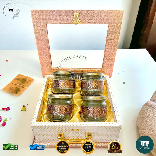 Copper Oxidised Dry Fruit Box – Acrylic Window with 4 Glass Jars