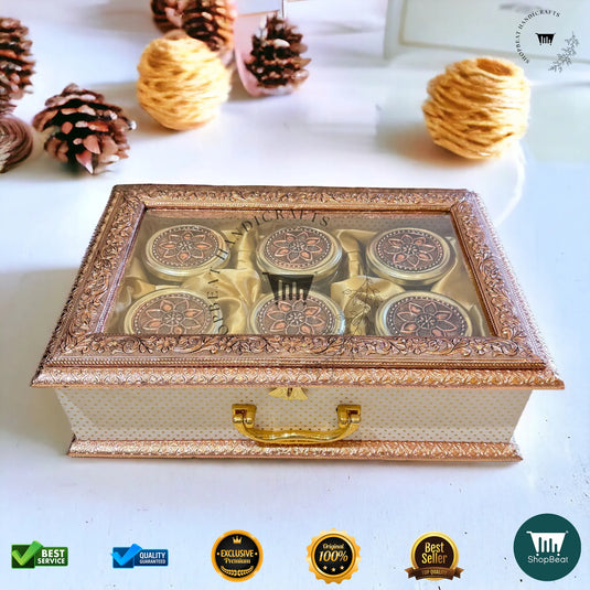 Copper Oxidised Dry Fruit Box – Acrylic Window with 6 Glass Jars